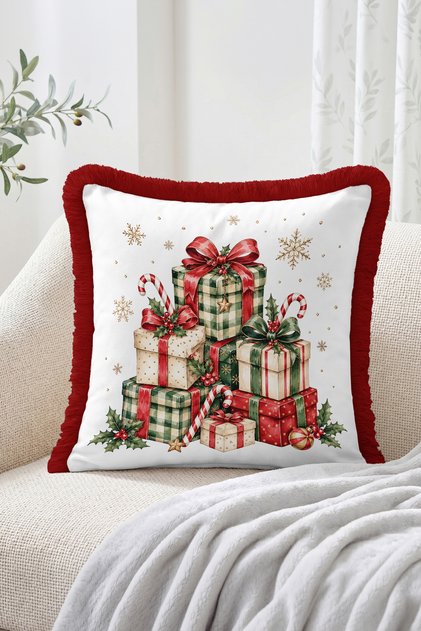 Christmas Gifts and Snowflakes Pattern Fringe-Tassel Throw Pillow Cover
