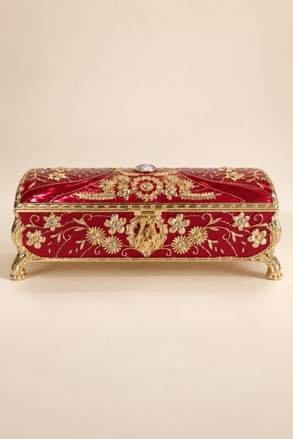 Gold Detailed Flower Embroidered Jewelry Box Large Size Red