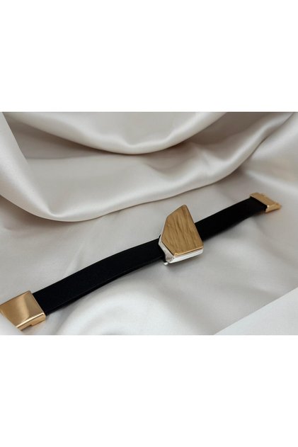 Gold Color Geometric Metal Detailed Leather Black Women's Bracelet Modern Stylish Design Accessory