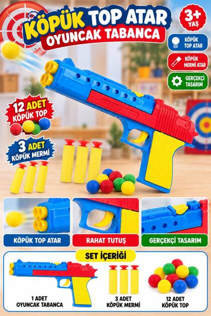 Köpük Top ve Sünger Dart Atan Oyuncak Tabanca – 12 Top 3 Sünger Dartlı Set