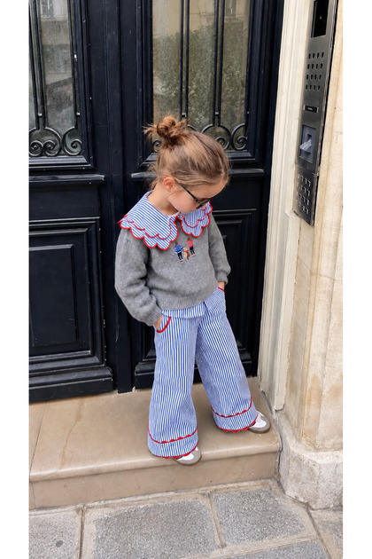 Girl's Collar and Shirt Detailed Knitwear Top and Striped Pants Bottom Set