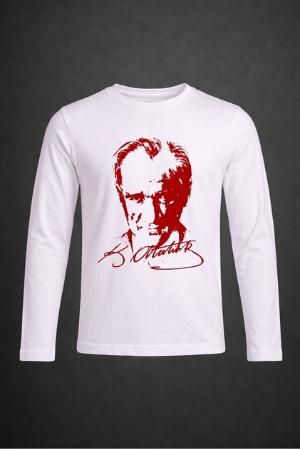 Girls-Boys White to Red Ataturk Printed Long Sleeve T-Shirt 29 October Republic Day
