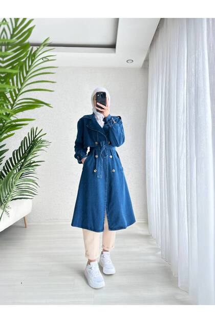 Kadın Kuşak Detaylı Kot Trençkot Düğmeli Denim Trençkot