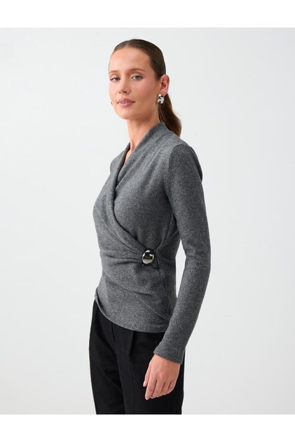 Anthracite Melange Accessory Detailed Double Breasted Collar Soft Touch Blouse