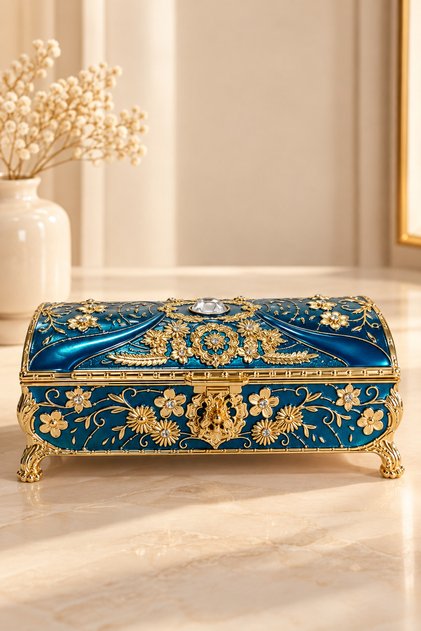 Flower Embroidered Gold Detailed Jewelry Box Small Size