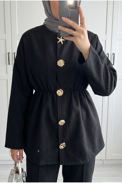 Women's Dark Navy Blue Gathered Waist Suede Textured Jacket and Trousers Two-Piece Set