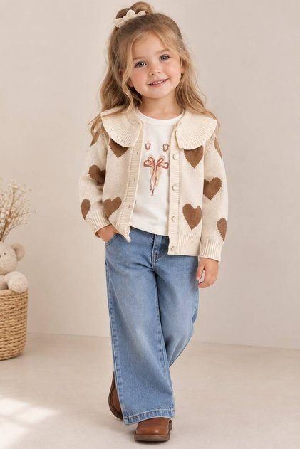 Girl's Heart Patterned Knitted Cardigan Blouse Jean Pants 3-Piece Set