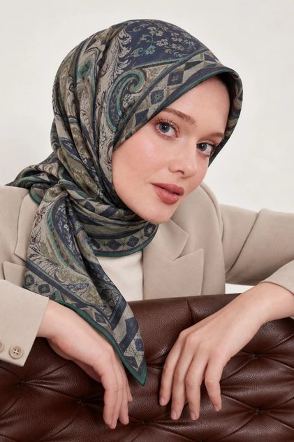 Patterned Cotton Silk Scarf 90X90 Ls2212 11-Mink-Green-Navy Blue