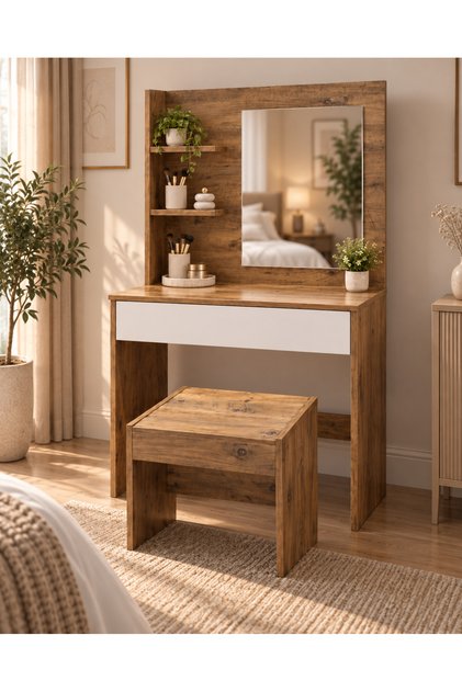 Etna Aynalı Çekmeceli Makyaj Masası 150x90 cm- Atlantik Çam- Beyaz- Tabureli