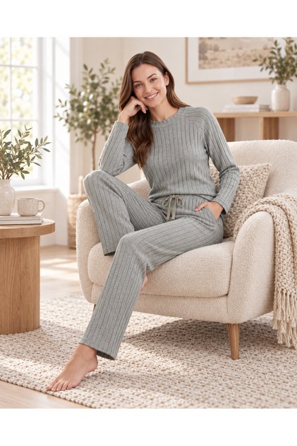 Women's Winter Camisole Homewear Suit Crew Neck Long Sleeve Stripe Textured Knitted Pajamas 09-304