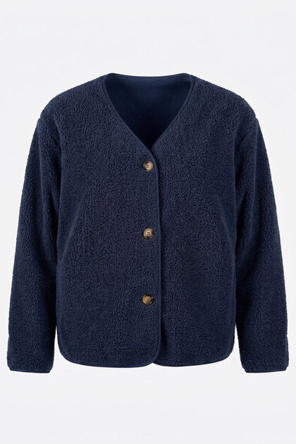 Premium V-Neck Buttoned Fleece Cardigan - Navy Blue