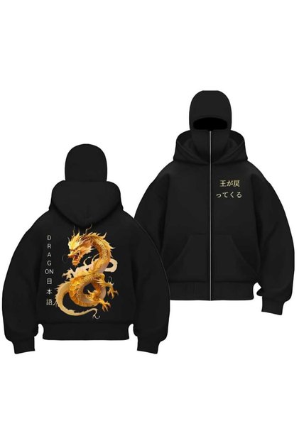 3 Thread Dragon Back Print Ninja Hoodie – Oversize Zip-Up Sweatshirt