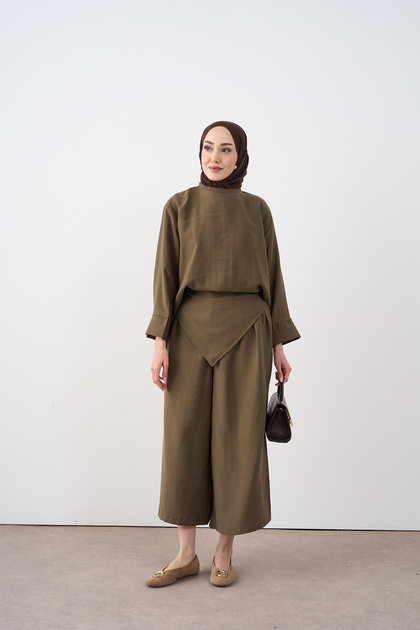 Women's Asymmetrical Cut Loose Trousers Suit Khaki Green