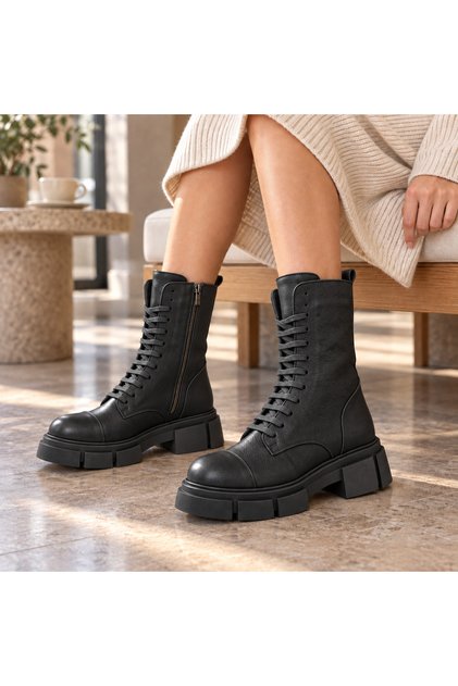 Genuine Leather Women's Boots Black Fur Inside Lace-Up Zipper Thick Sole Winter Boots