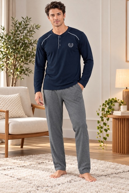 Men's Pajama Set, 100% Cotton, Anti-Pilling, Combed Cotton Interlock, Long Sleeve, Buttoned Collar, with Pockets, Navy Blue