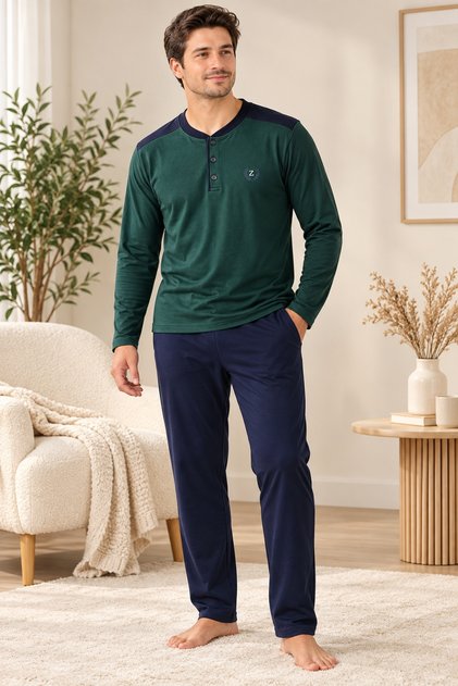 Men's Pajama Set, 100% Cotton, Anti-Pilling, Combed Cotton Interlock, Long Sleeve, Buttoned Collar, with Pockets, Green