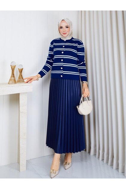 Women's Striped Terry Cardigan - Pleated Leather-Like Skirt Dual Combination
