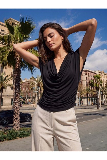 Black Viscose Fabric, Draped Collar, Padded Shoulder Detail, Breathable Blouse