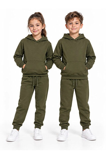 Unisex Girls Boys Khaki Hooded Jogger Tracksuit Set with Kangaroo Pocket