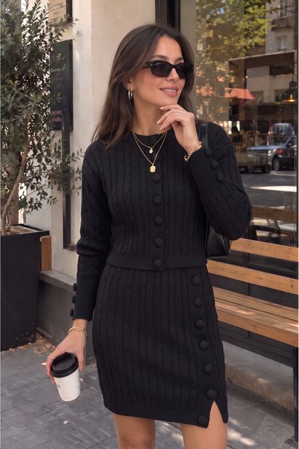 Hair Braided Button Detailed Cardigan Skirt Knitwear Set