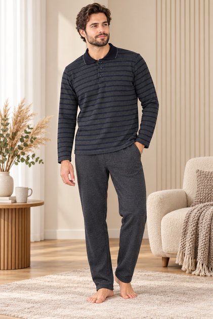Men's Winter Pajama Set, Thessaloniki Knitted, Thick Fabric, 100% Cotton, Buttoned Collar, with Pockets, Smoked