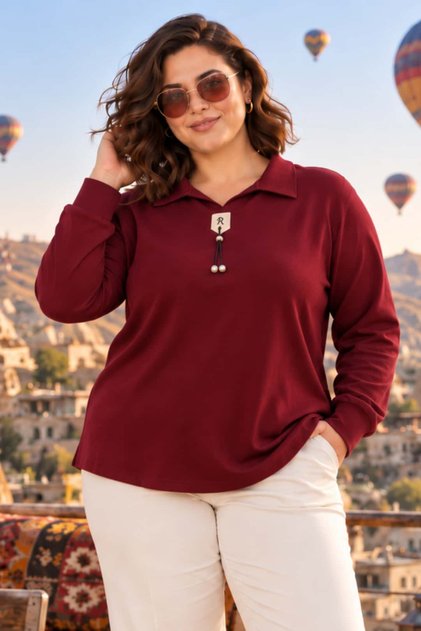 Women's Plus Size Crystal Fabric Polo Collar Long Sleeve Blouse