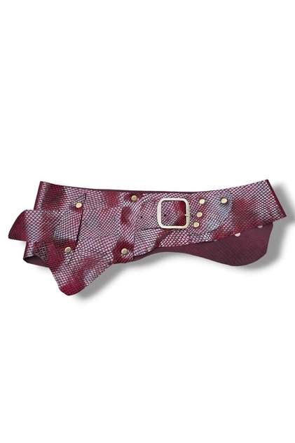 Women's Red Textured Buckle Asymmetrical Leather Belt - Ruelle Design Corset Belt - Standard Size