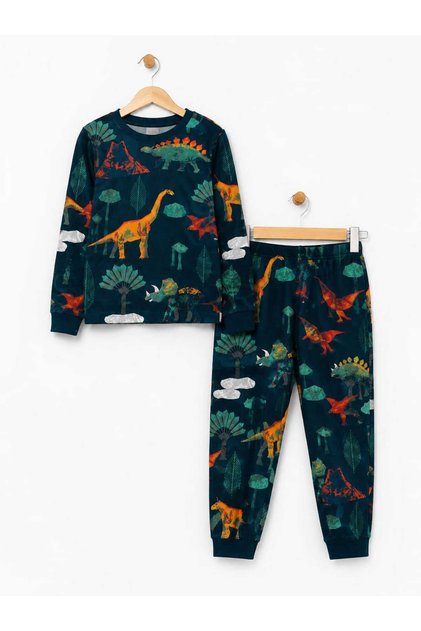 Boy's 100% Cotton Navy Blue Color Patterned Long Sleeve Pajama Set