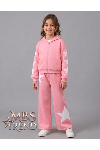 Winter Girls' Pink Star Detailed Hooded and Zippered Two-Thread Two-Piece Set