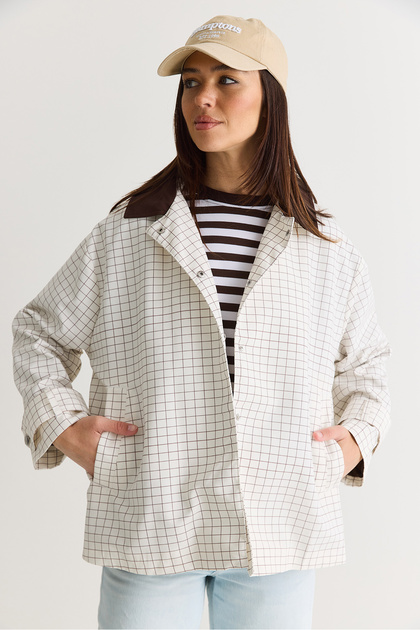 Women's White-Brown Contrast Collar Plaid Patterned Lined Oversize Trench Coat M-1 60286563