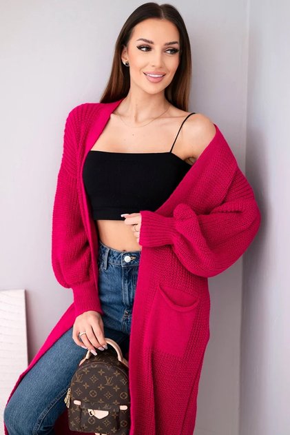 Cardigan lung tricotat italian, fucsia, confortabil și elegant, pentru stratificare.