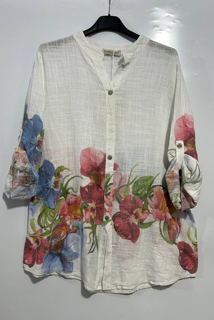 Women's Italian Pictory Pattern 3/4 Sleeve 100% Cotton Loose Shirt Blouse