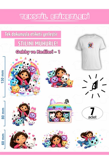 Ütü ile Yapışan Kıyafet Etiketi Gabby ve Kedileri-1 7Li Set