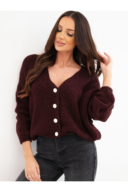 Cardigan de damă bordo închis, cu decolteu în V și nasturi, croială supradimensionată.