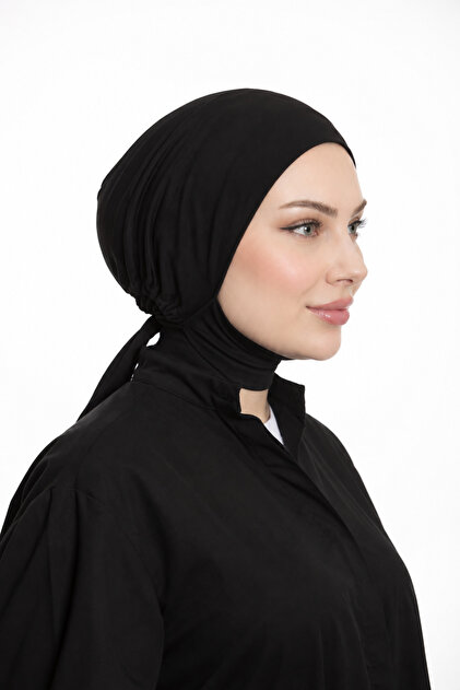 Boyundan Bağlamalı Geniş Hacimli Bone - Kadın Kaymaz Rahat Tesettür Hijab-Siyah