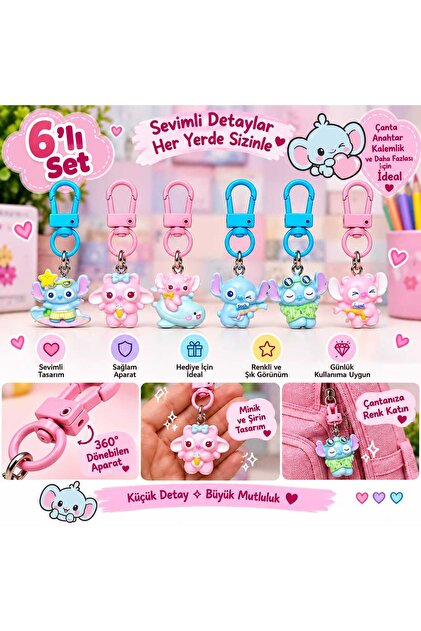 Sevimli Figürlü Fermuar Süsü,Anahtarlık,Çanta Charmı 6lı