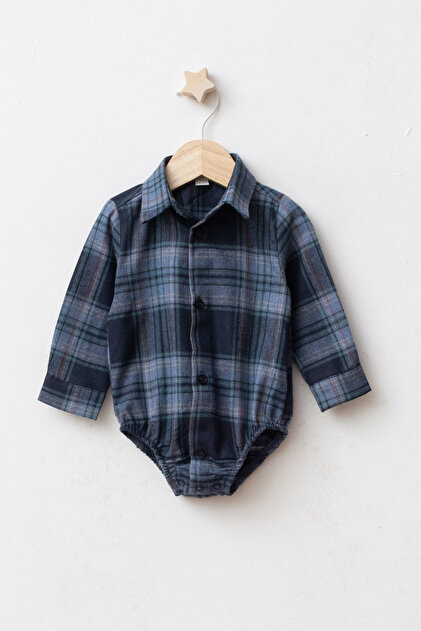 Baby Boy Plaid Patterned Collared Long Sleeve Shirt Bodysuit with Snap Fasteners