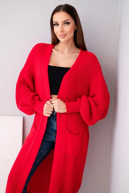 Cardigan lung, roșu, tricotat, italian, cu design elegant