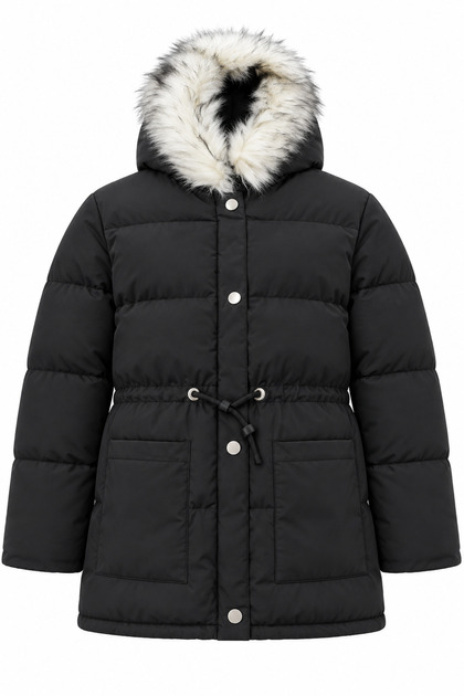 Women's Hooded Fur Detailed Long Puffer Coat with Adjustable Waist.