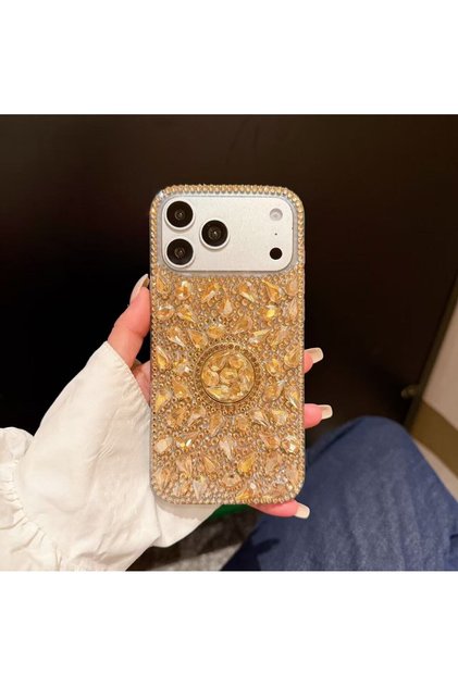 Apple iPhone 17 Pro Compatible Gold Luxury Full Stone Case with Ring