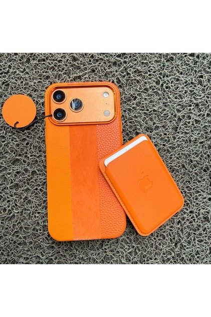 Apple iPhone 17 Compatible Orange Suede Textured Premium Case with Stripe and Card Holder