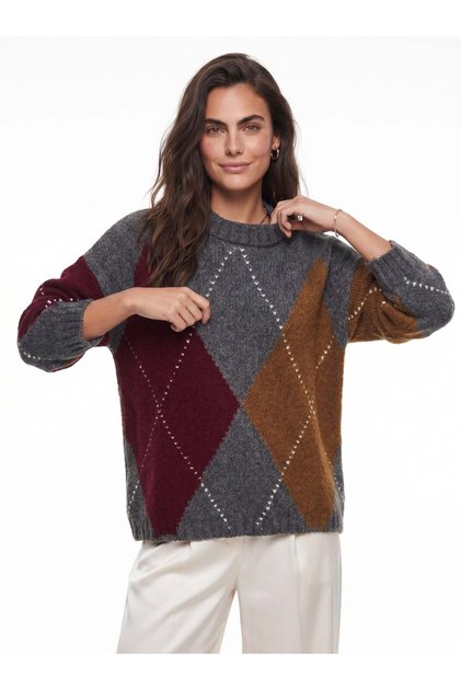 Anthracite Claret Red Stretchy Textured Crew Neck Standard Size Argyle Patterned Knitwear Sweater