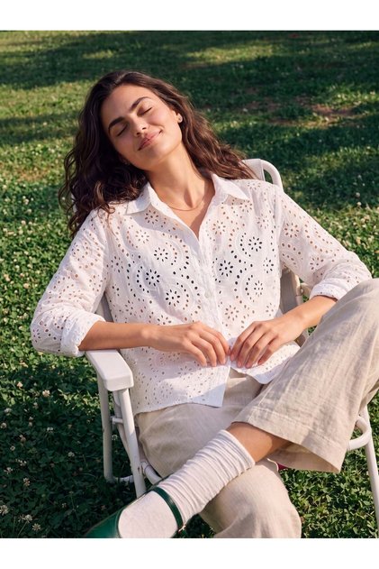 White Cotton Blend Long Sleeve Classic Collar Buttoned Guipure Embroidered Shirt