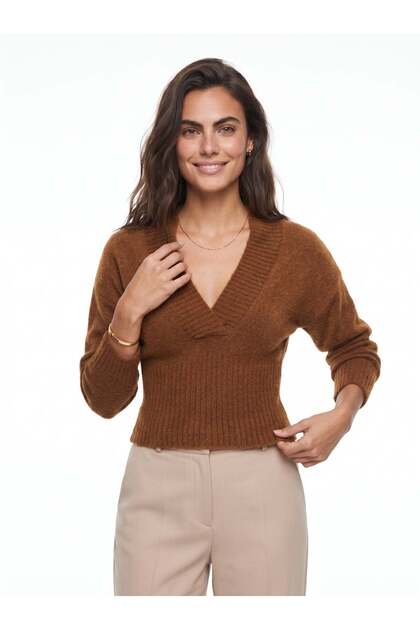 Camel Wool Blended Textured Ribbed Deep V-Neck Loose Fit Knitwear Sweater