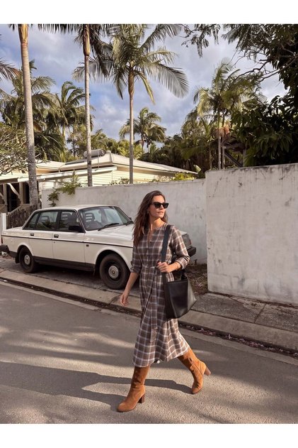 Brown Blue Cotton Crew Neck Long Sleeve Belted Flared Plaid Patterned Dress