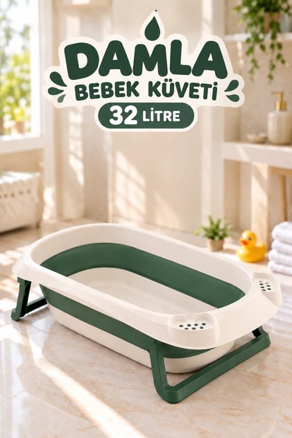 Damla 32 Litre Katlanabilir Bebek Küveti BEYAZ-Kaydırmaz-Tahliye Tıpalı-