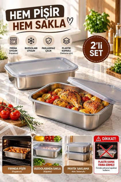 Ovi - 2'li Hem Pişir Hem Sakla SUS304 Paslanmaz Çelik Fırın Kabı Plastik Kapaklı Saklama Kabı 650 ml