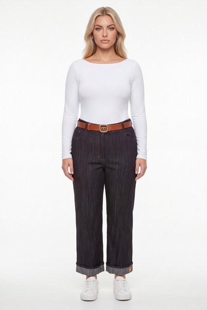 Women's Black Seasonal High-Waisted Denim Trousers with Belted Leg Detail and Accessories