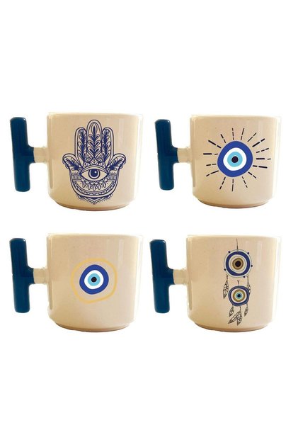 Dörtlü Nazar Boncuğu Baskılı Mavi Kulplu T Kupa Bardak Fincan Mug