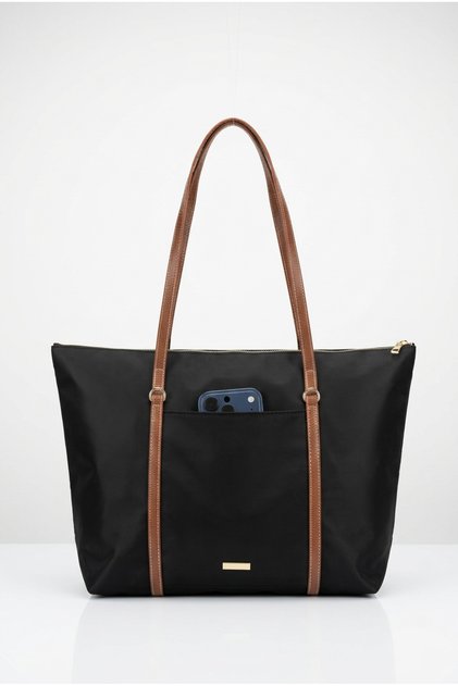 Women's Black Color Buzzy Fabric Shoulder Bag with Zipper, Large Internal Volume, Daily Use Bag - Front Pocket Detailed